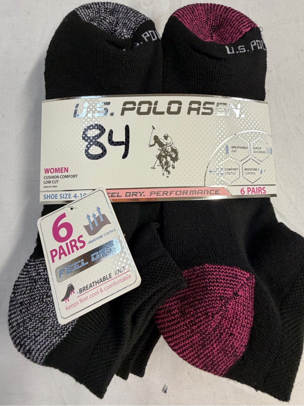 U.S. Polo Assn. Women's Black No-Show Socks with Pink and Gray Accents - 6 Pairs